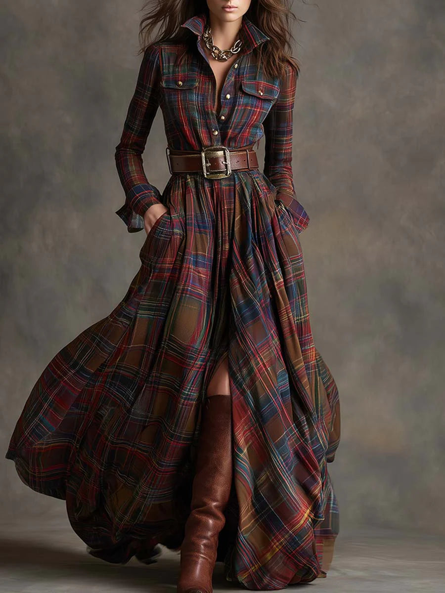 Robe longue à carreaux Jessica marron roux