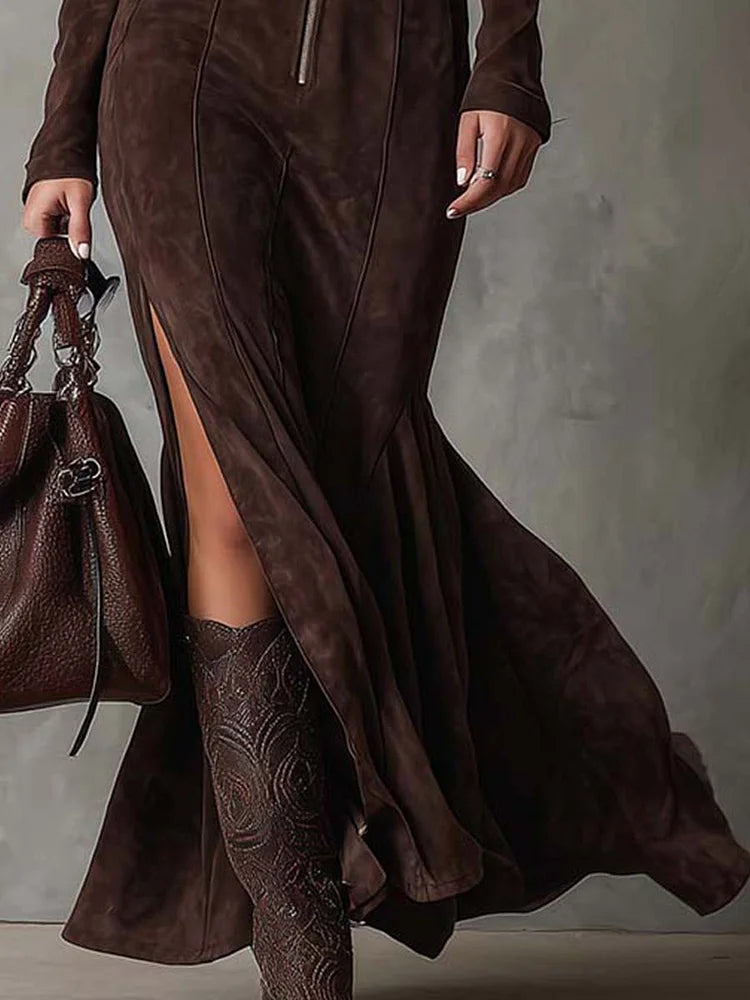 Robe longue marron Claudia, vue en pied