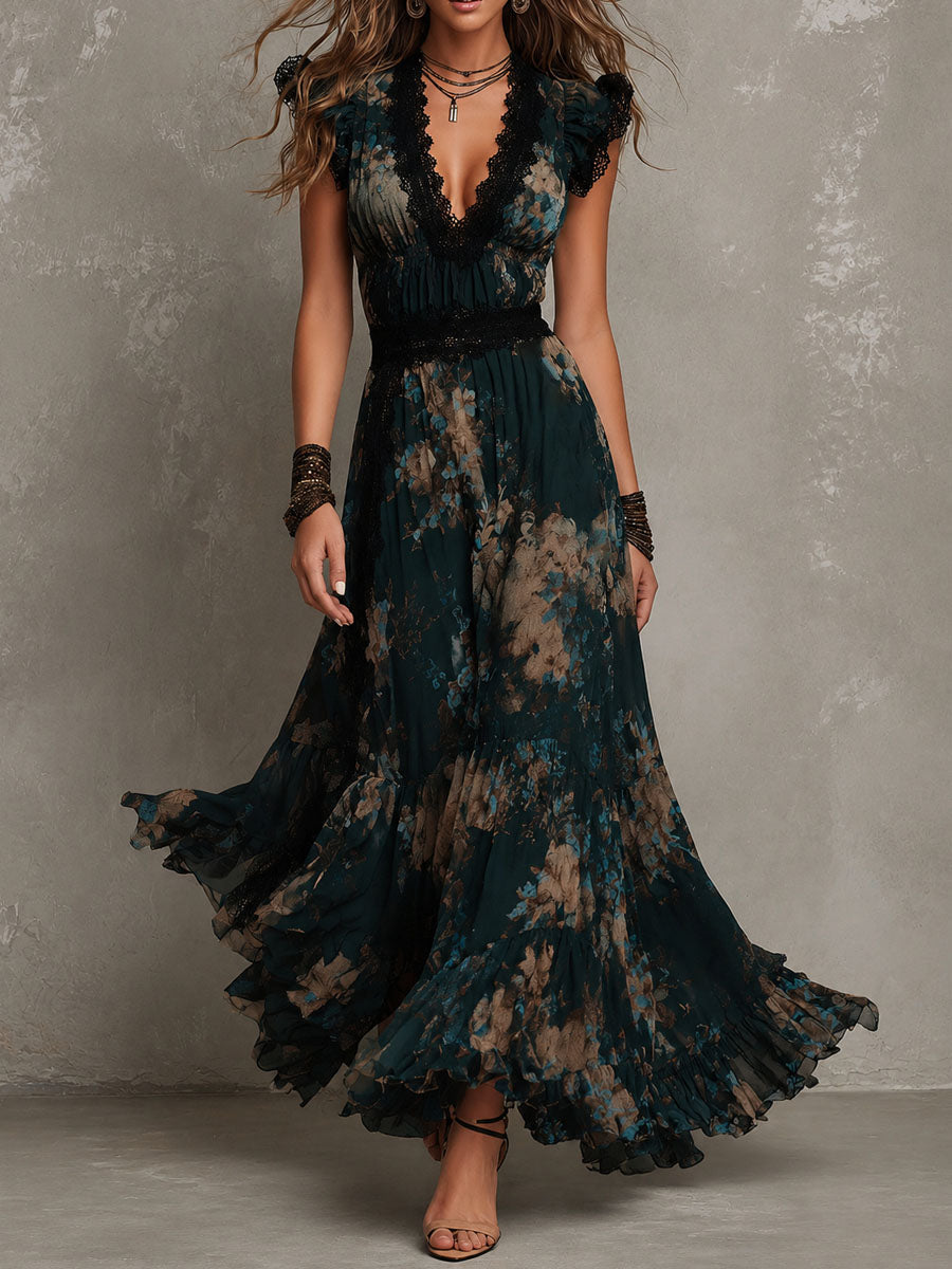 Robe longue fleurie Tatiana vert foncé