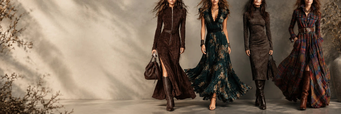 Quatre femmes en robes longues d'automne : robe marron zippée ceinturée, robe fleurie vert foncé, robe col montant et robe à carreaux